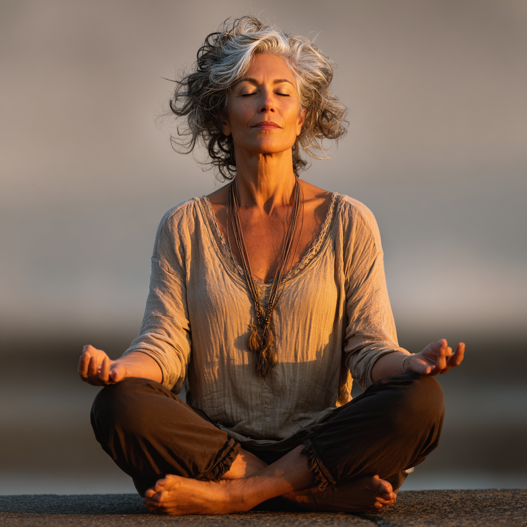 Mature woman practicing yoga in peaceful meditation pose