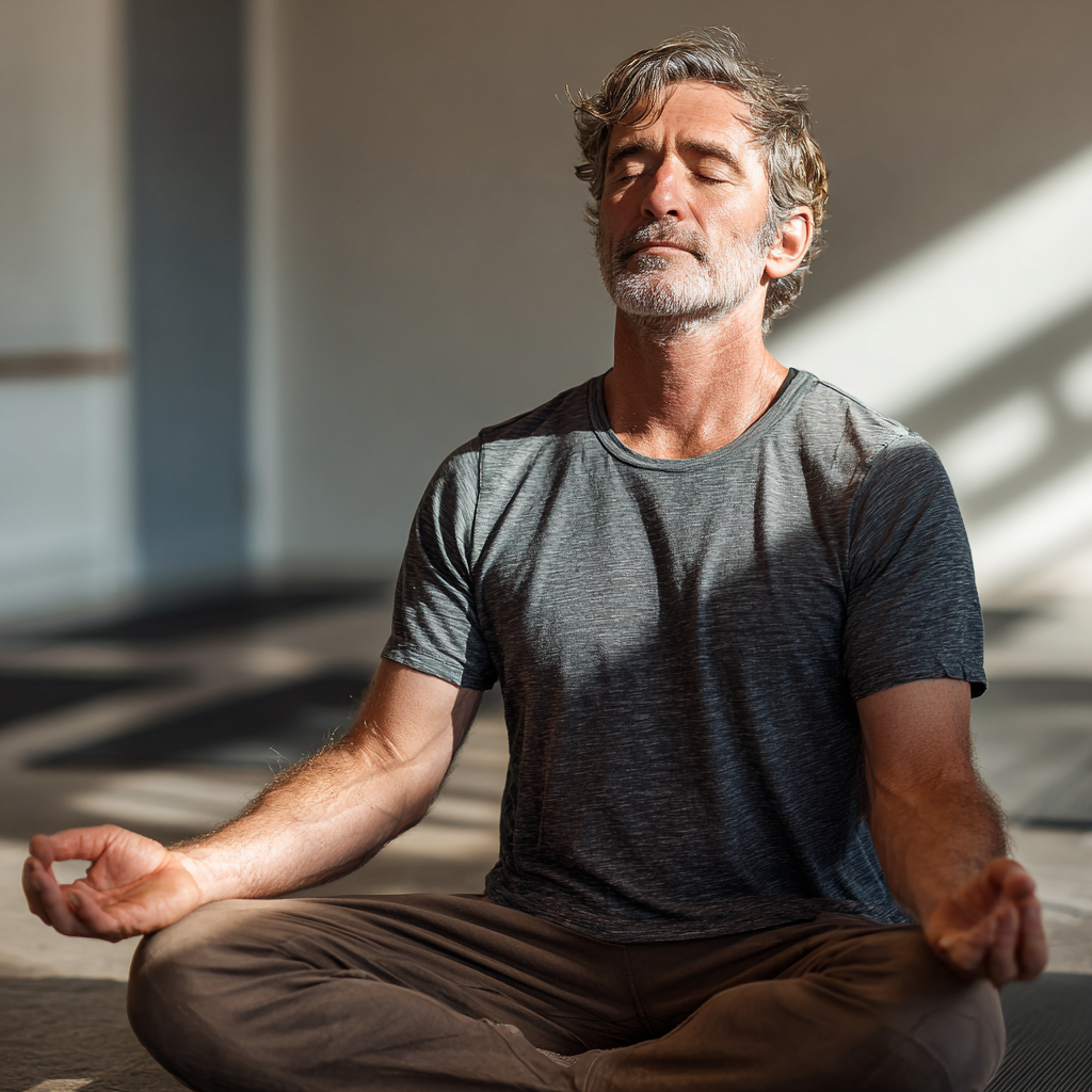 Middle-aged man doing gentle yoga stretches in serene studio environment